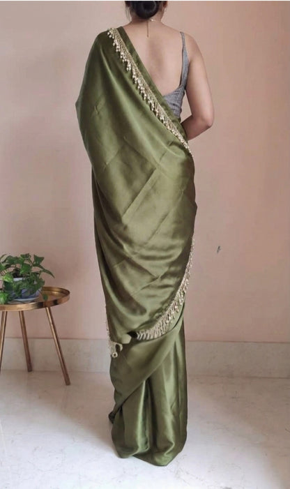 Olive Green Satin Saree with Contrast Malbari Weaving Blouse
