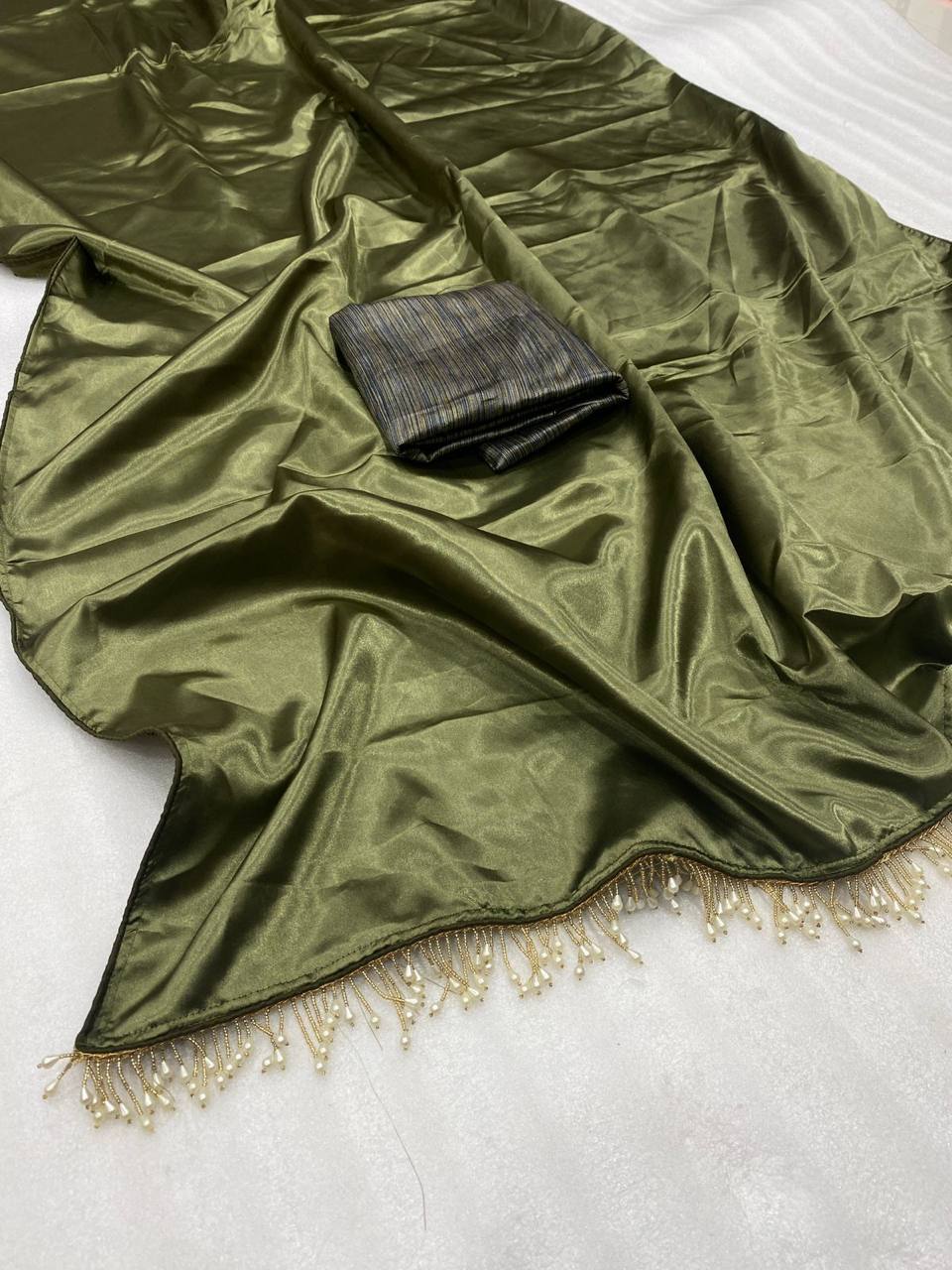 Olive Green Satin Saree with Contrast Malbari Weaving Blouse