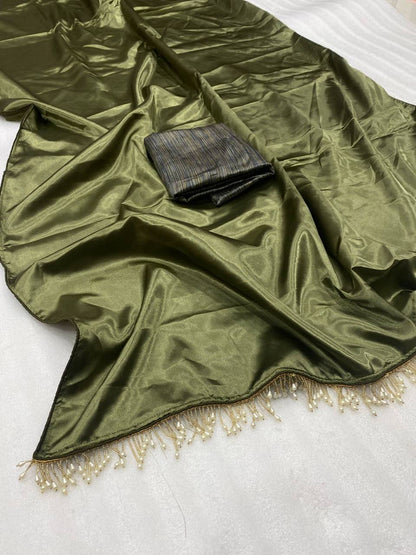 Olive Green Satin Saree with Contrast Malbari Weaving Blouse