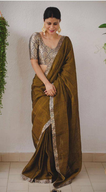 Olive Green Upadda Silk Jacquard Weaving Saree with Banarasi Blouse