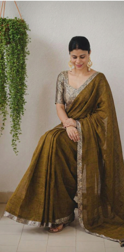 Olive Green Upadda Silk Jacquard Weaving Saree with Banarasi Blouse