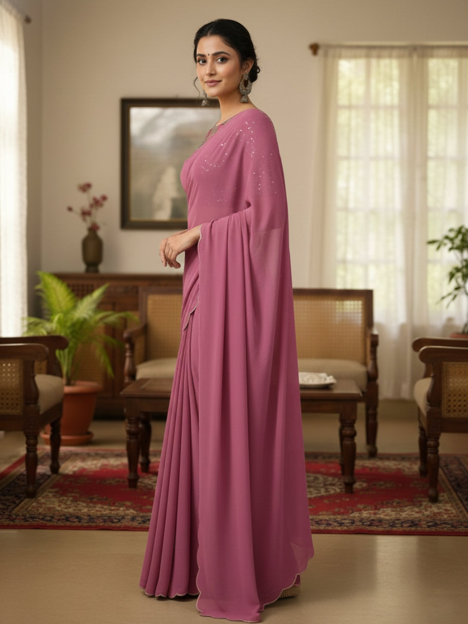 Onion Smooth Georgette Saree with Aari Border & Embroidery Blouse