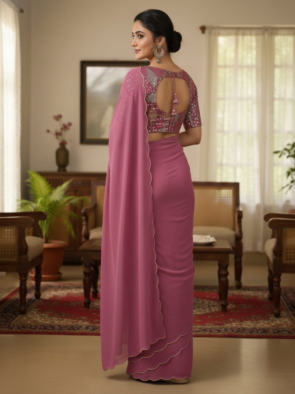 Onion Smooth Georgette Saree with Aari Border & Embroidery Blouse