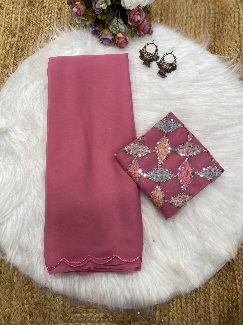 Onion Smooth Georgette Saree with Aari Border & Embroidery Blouse