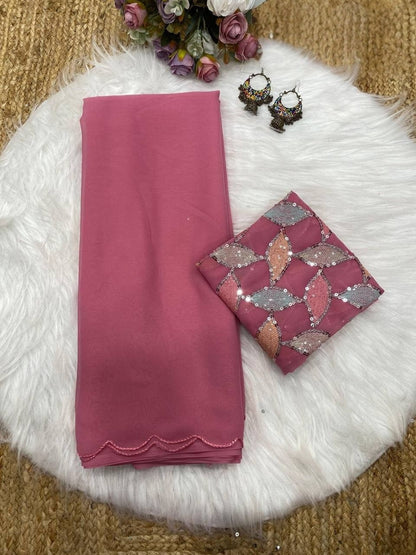 Onion Smooth Georgette Saree with Aari Border & Embroidery Blouse