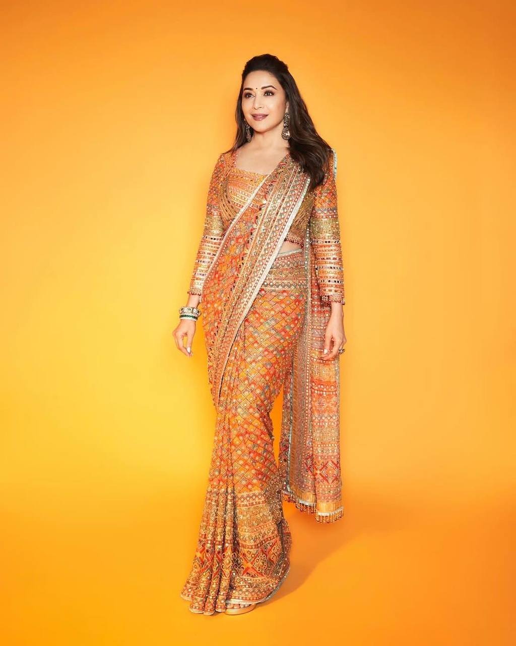 Orange Chinon Silk Digital Print Saree with Matching Designer Blouse