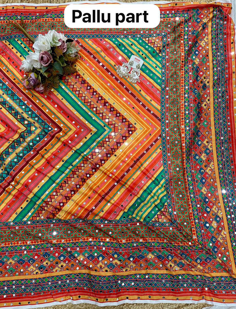 Orange Chinon Silk Digital Print Saree with Matching Designer Blouse