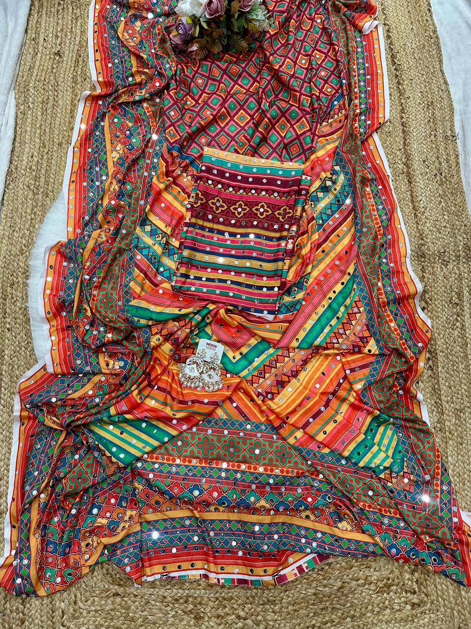 Orange Chinon Silk Digital Print Saree with Matching Designer Blouse