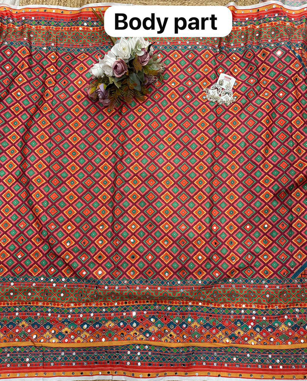 Orange Chinon Silk Digital Print Saree with Matching Designer Blouse