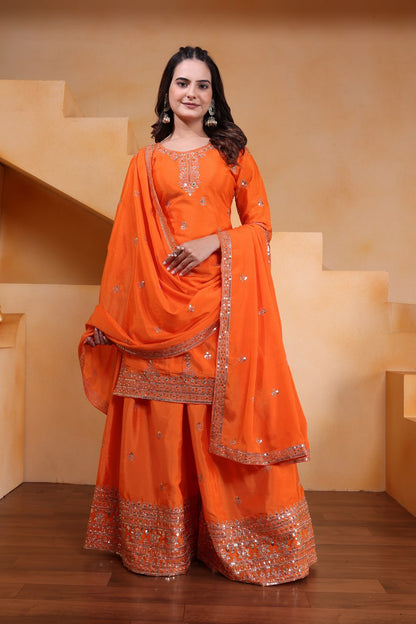 Orange Designer Chinon Silk Embroidery Sharara Suit Set and Dupatta