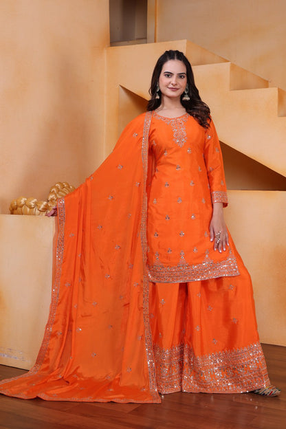 Orange Designer Chinon Silk Embroidery Sharara Suit Set and Dupatta