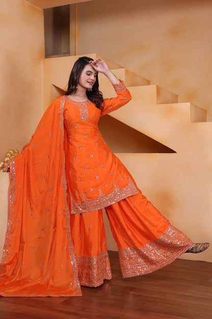 Orange Designer Chinon Silk Embroidery Sharara Suit Set and Dupatta