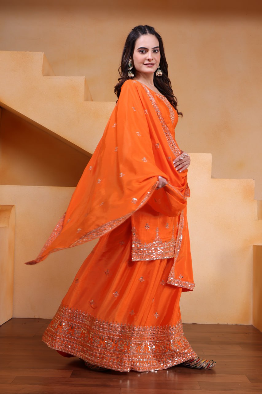 Orange Designer Chinon Silk Embroidery Sharara Suit Set and Dupatta