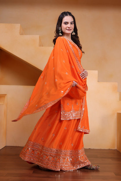 Orange Designer Chinon Silk Embroidery Sharara Suit Set and Dupatta