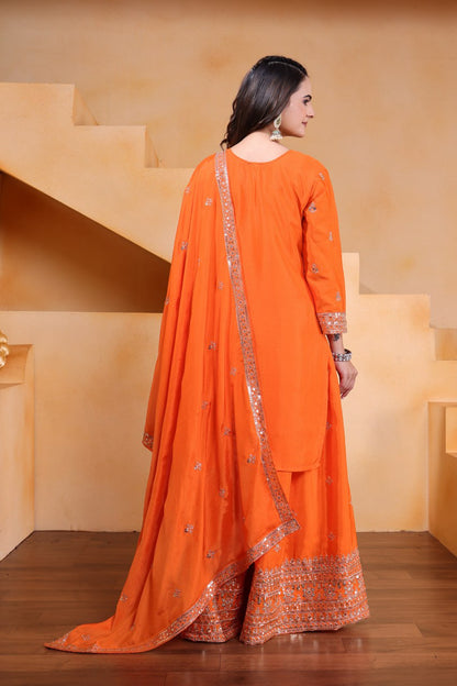 Orange Designer Chinon Silk Embroidery Sharara Suit Set and Dupatta