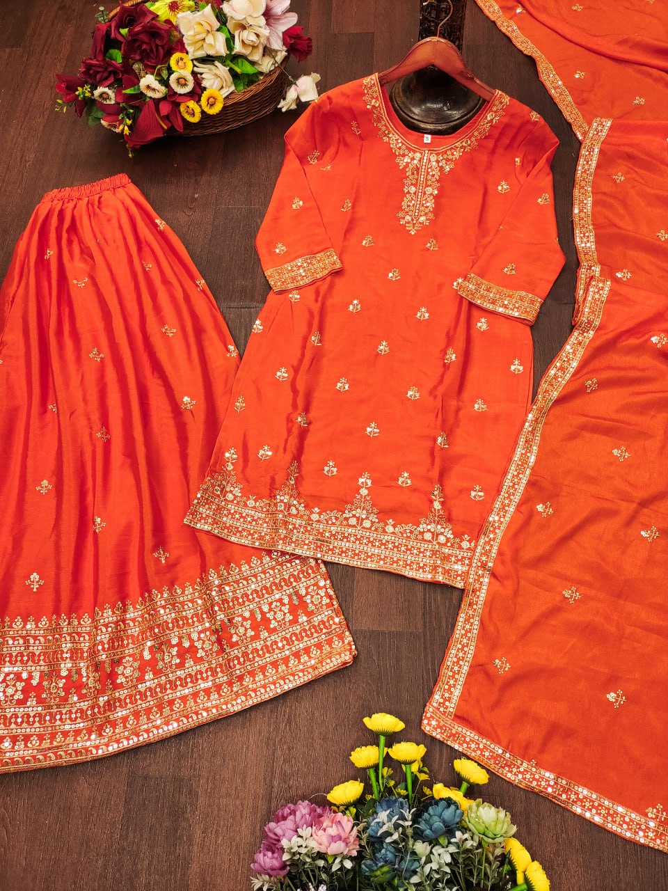 Orange Designer Chinon Silk Embroidery Sharara Suit Set and Dupatta