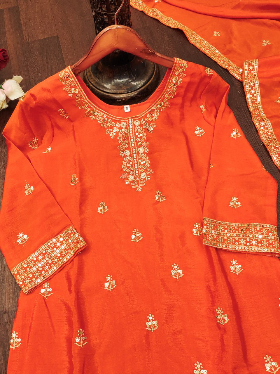 Orange Designer Chinon Silk Embroidery Sharara Suit Set and Dupatta