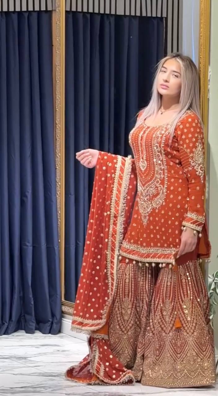 Orange Designer Farshi Plazzo Top and Dupatta For Nikah Wear