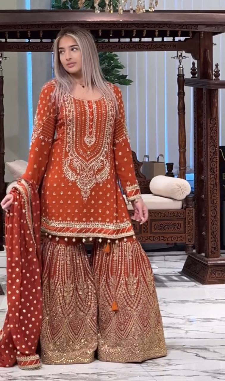 Orange Designer Farshi Plazzo Top and Dupatta For Nikah Wear