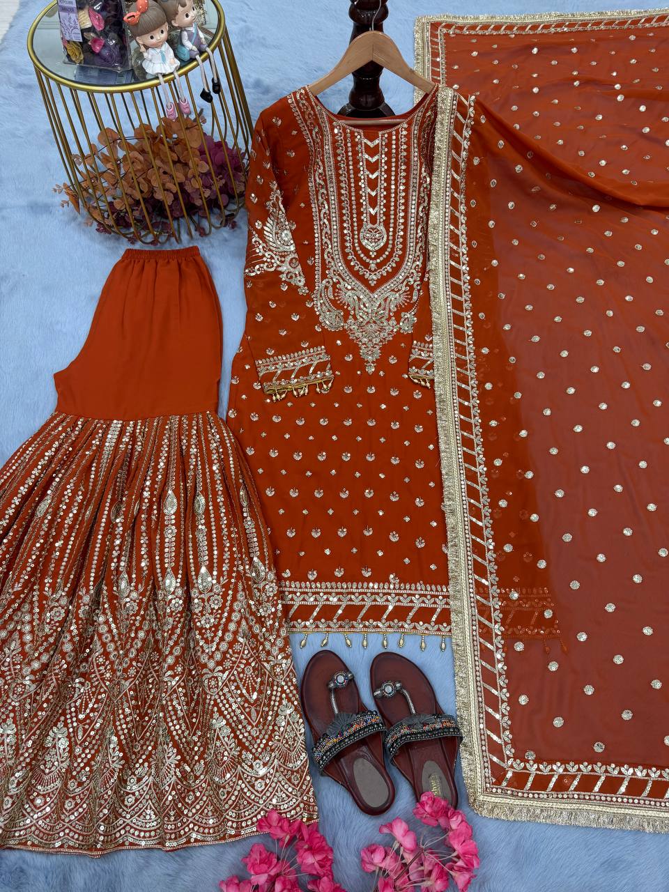 Orange Designer Farshi Plazzo Top and Dupatta For Nikah Wear