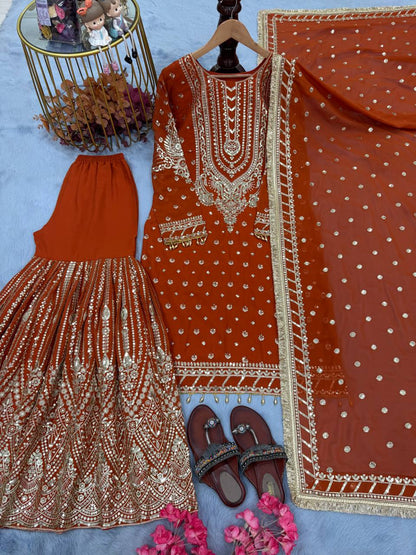 Orange Designer Farshi Plazzo Top and Dupatta For Nikah Wear