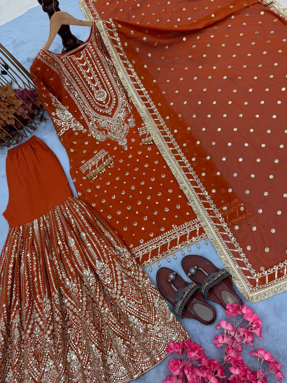 Orange Designer Farshi Plazzo Top and Dupatta For Nikah Wear