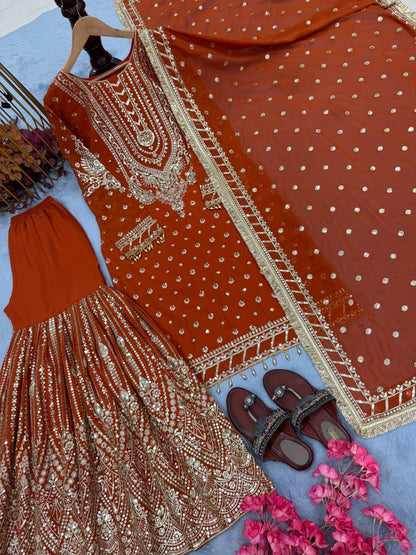 Orange Designer Farshi Plazzo Top and Dupatta For Nikah Wear