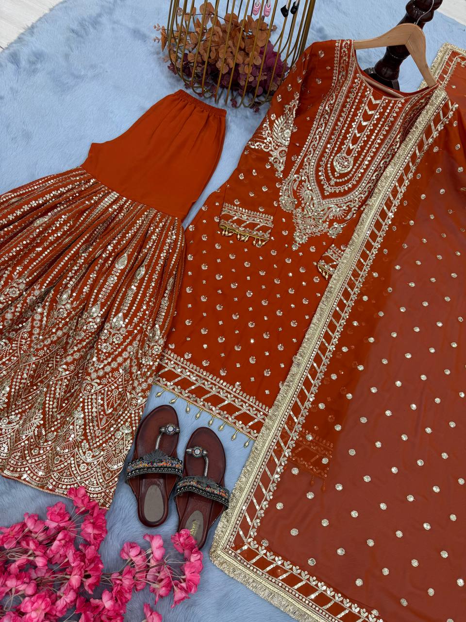 Orange Designer Farshi Plazzo Top and Dupatta For Nikah Wear