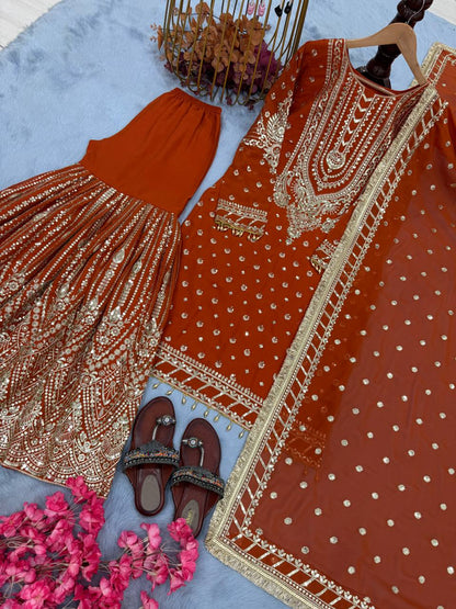 Orange Designer Farshi Plazzo Top and Dupatta For Nikah Wear