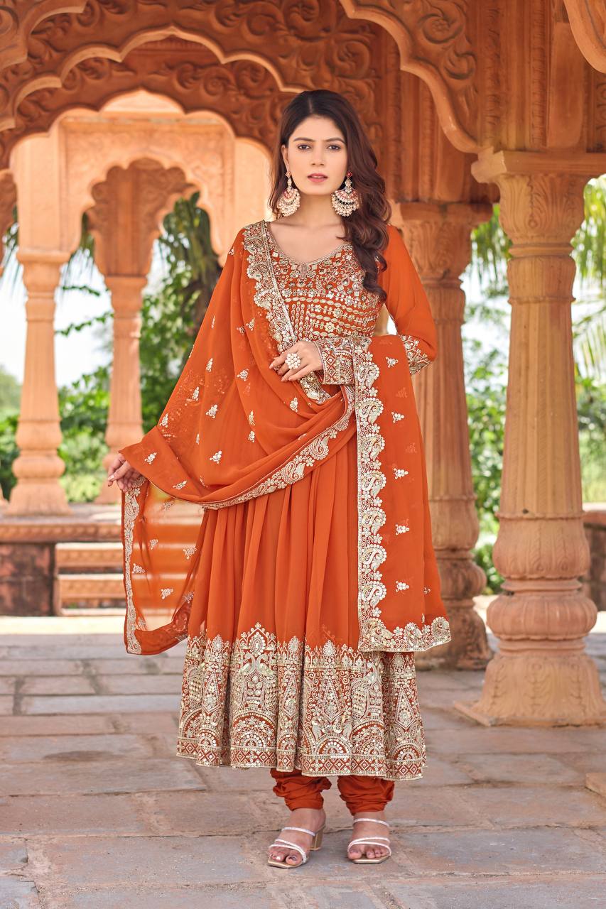 Orange Designer Faux Georgette Anarkali Gown and Dupatta For Party Wear