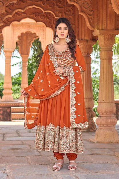 Orange Designer Faux Georgette Anarkali Gown and Dupatta For Party Wear