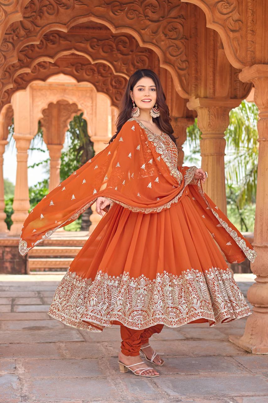 Orange Designer Faux Georgette Anarkali Gown and Dupatta For Party Wear