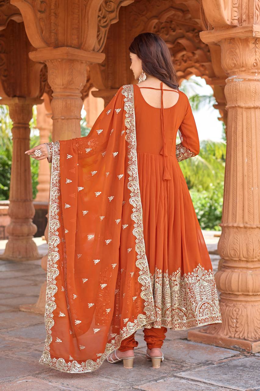 Orange Designer Faux Georgette Anarkali Gown and Dupatta For Party Wear