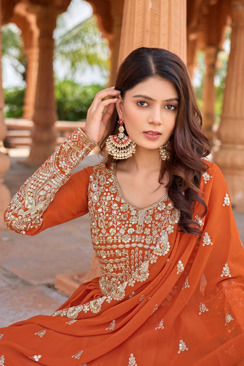 Orange Designer Faux Georgette Anarkali Gown and Dupatta For Party Wear