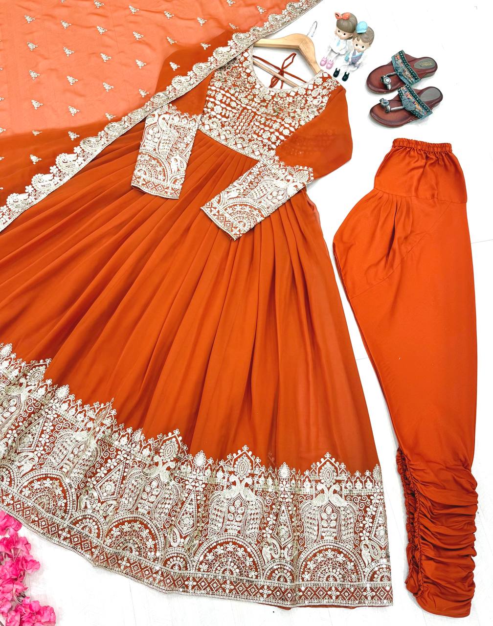 Orange Designer Faux Georgette Anarkali Gown and Dupatta For Party Wear