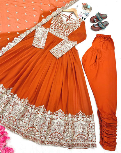 Orange Designer Faux Georgette Anarkali Gown and Dupatta For Party Wear
