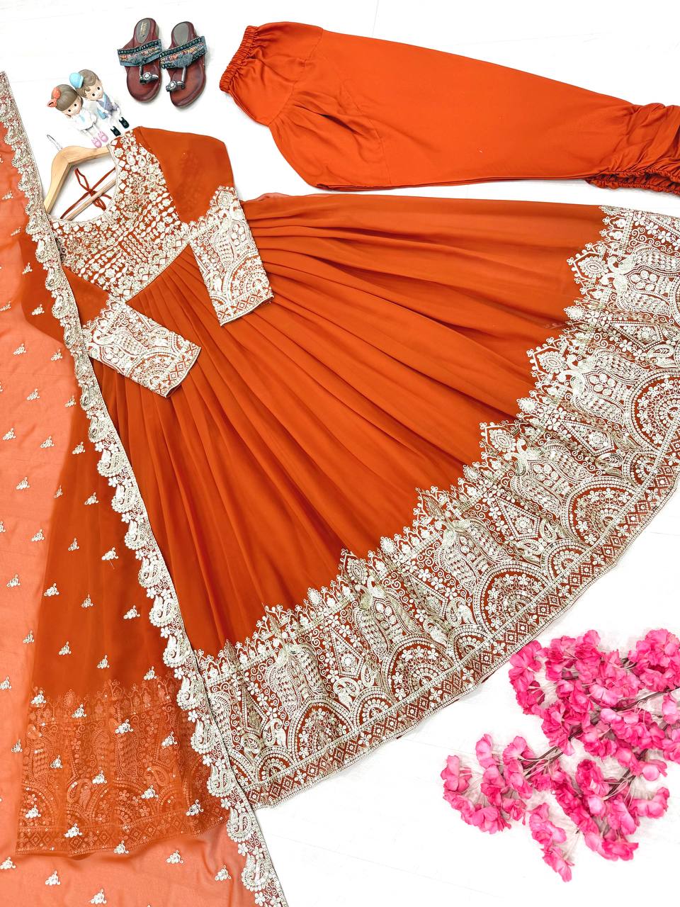 Orange Designer Faux Georgette Anarkali Gown and Dupatta For Party Wear