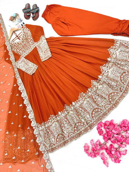 Orange Designer Faux Georgette Anarkali Gown and Dupatta For Party Wear