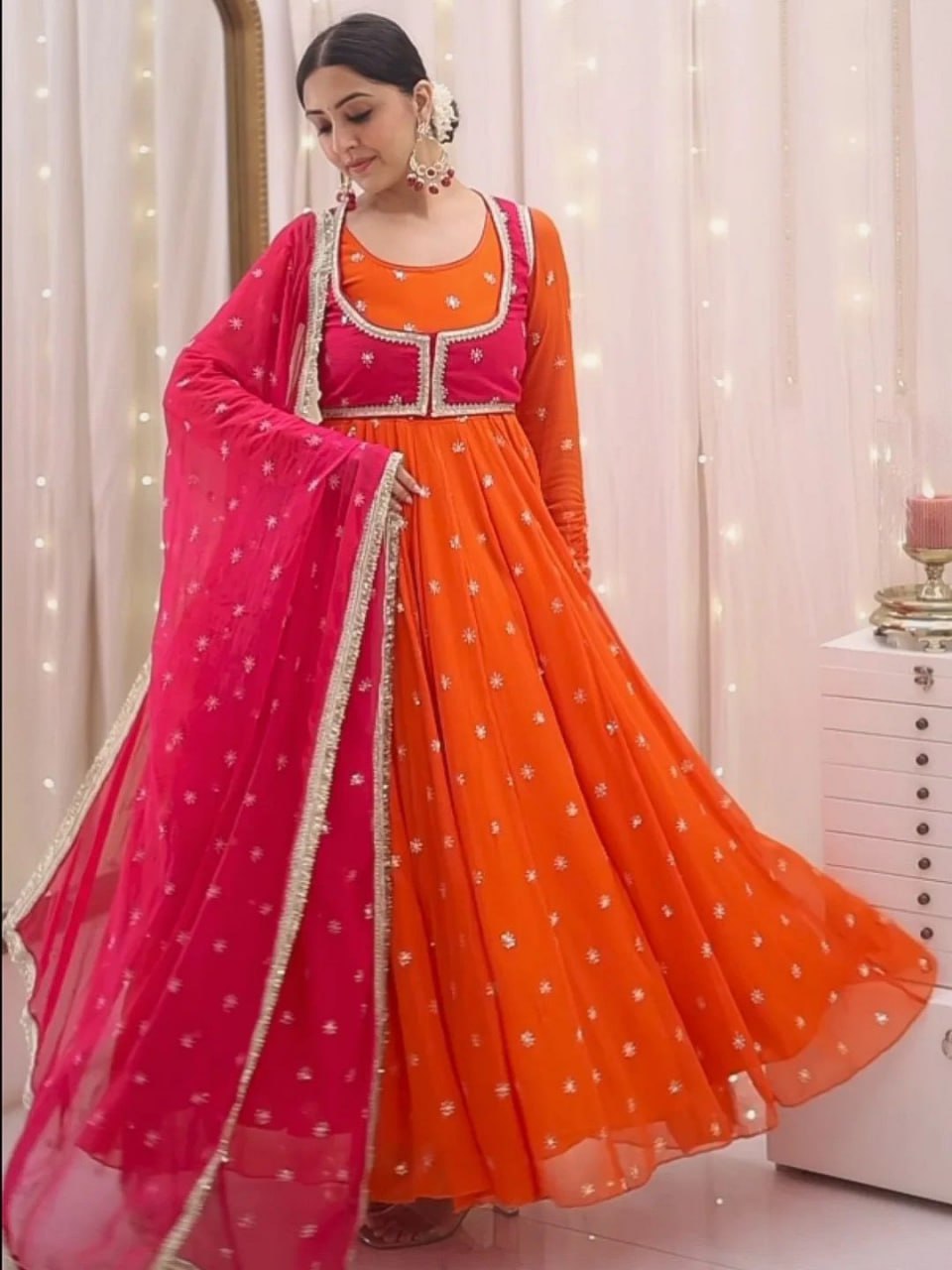 Orange Designer Faux Georgette Anarkali Suit with Sequins Dupatta