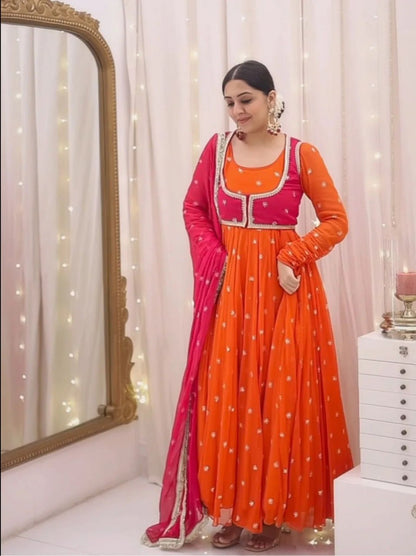 Orange Designer Faux Georgette Anarkali Suit with Sequins Dupatta