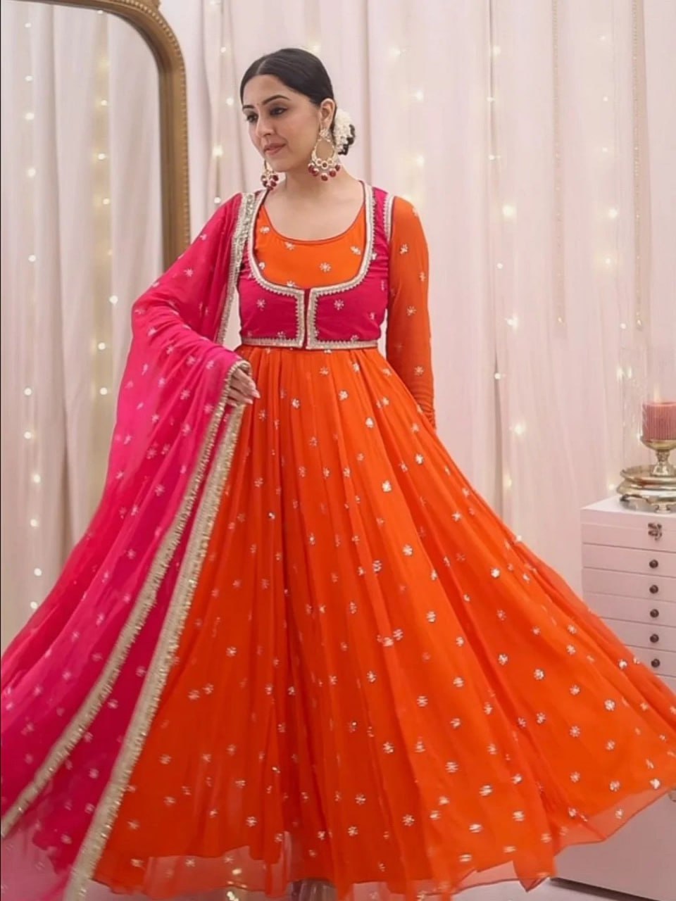 Orange Designer Faux Georgette Anarkali Suit with Sequins Dupatta