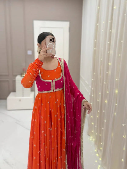Orange Designer Faux Georgette Anarkali Suit with Sequins Dupatta