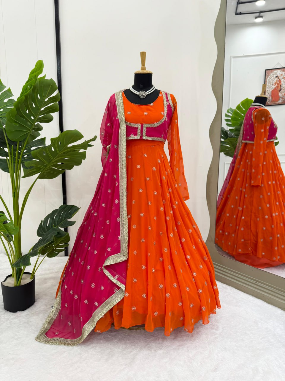 Orange Designer Faux Georgette Anarkali Suit with Sequins Dupatta