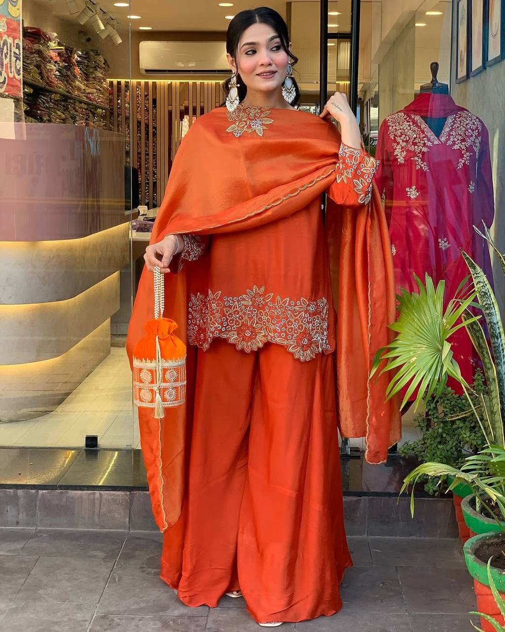 Orange Designer Faux Georgette Embroidery Palazzo Top and Dupatta