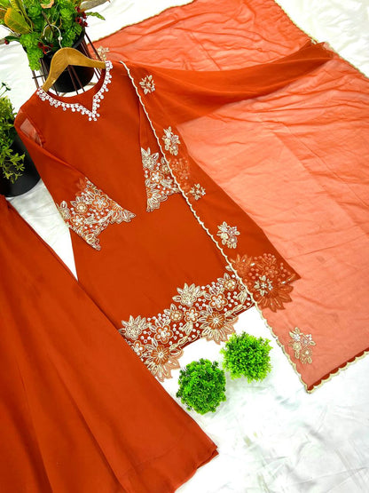 Orange Designer Faux Georgette Embroidery Palazzo Top and Dupatta