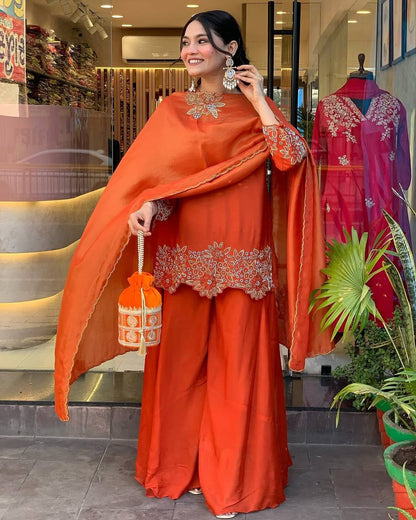 Orange Designer Faux Georgette Embroidery Palazzo Top and Dupatta