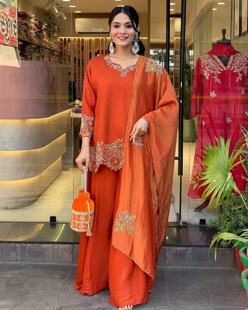 Orange Designer Faux Georgette Embroidery Palazzo Top and Dupatta