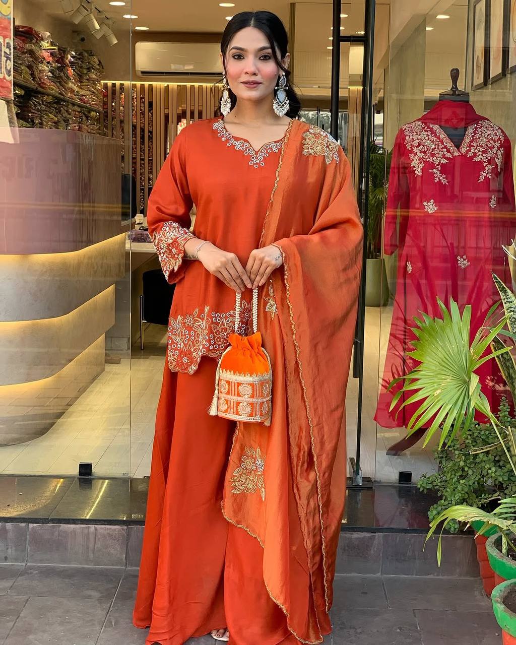 Orange Designer Faux Georgette Embroidery Palazzo Top and Dupatta