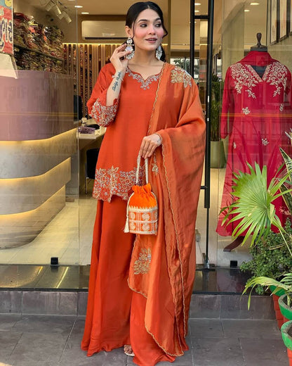 Orange Designer Faux Georgette Embroidery Palazzo Top and Dupatta