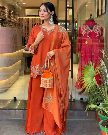 Orange Designer Faux Georgette Embroidery Palazzo Top and Dupatta